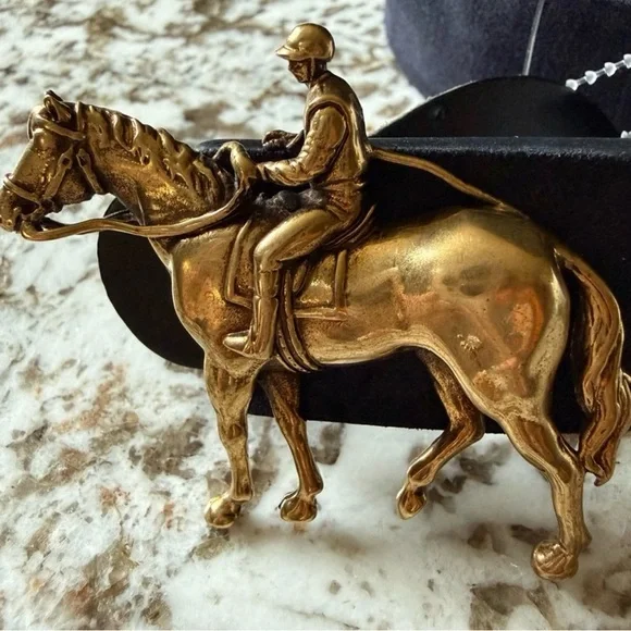 Polo Ralph Lauren Navy Suede Equestrian Belt Gold Horse Buckle Italy Sz 38 - Picture 3 of 17